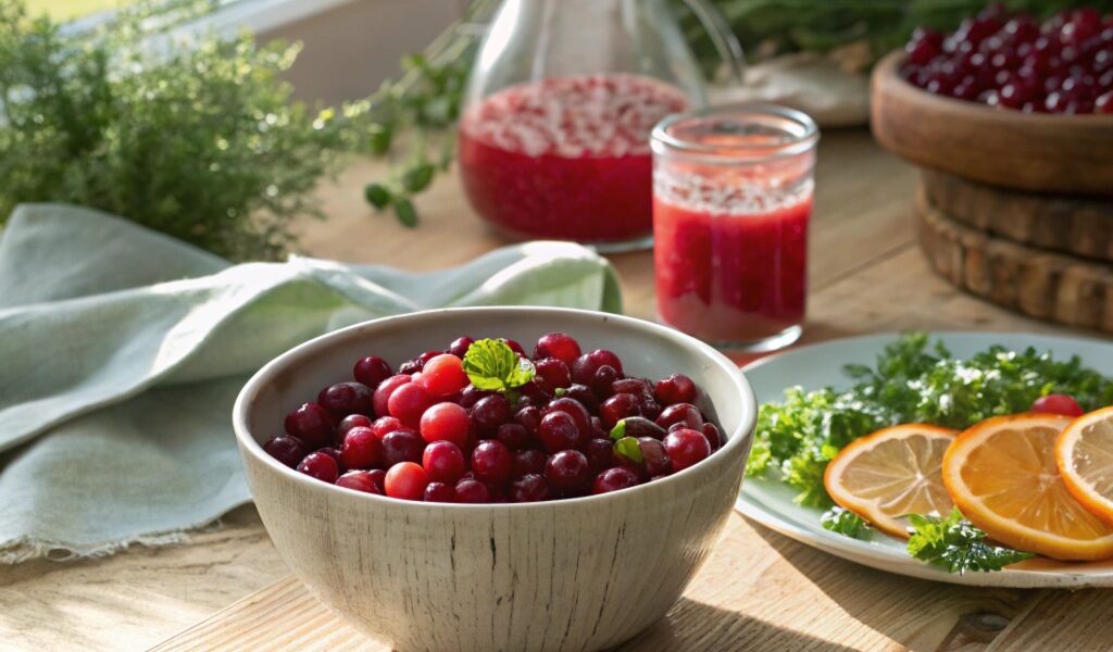 A close-up of fresh cranberries in a bowl, showcasing their vibrant red color and glossy texture, surrounded by ingredients like orange slices, honey, and mint leaves.