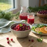 A close-up of fresh cranberries in a bowl, showcasing their vibrant red color and glossy texture, surrounded by ingredients like orange slices, honey, and mint leaves.