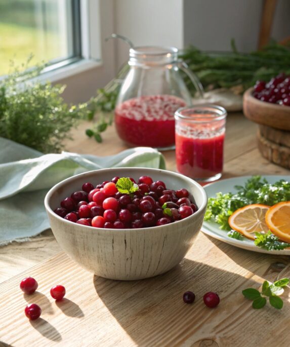 A close-up of fresh cranberries in a bowl, showcasing their vibrant red color and glossy texture, surrounded by ingredients like orange slices, honey, and mint leaves.