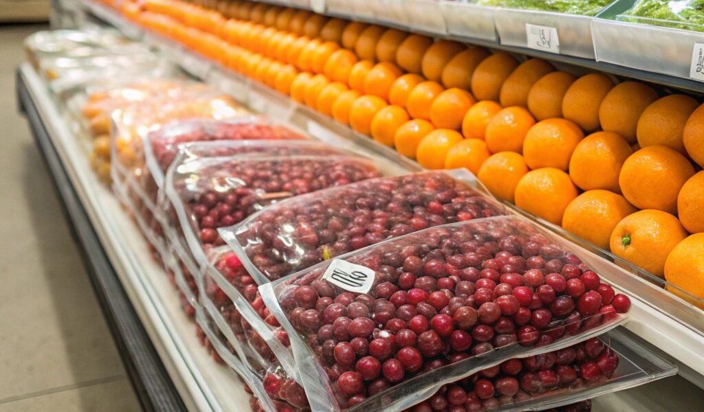 "Fresh cranberries in a rustic basket with scattered cranberries on a wooden surface, showcasing their seasonal vibrancy and versatility."