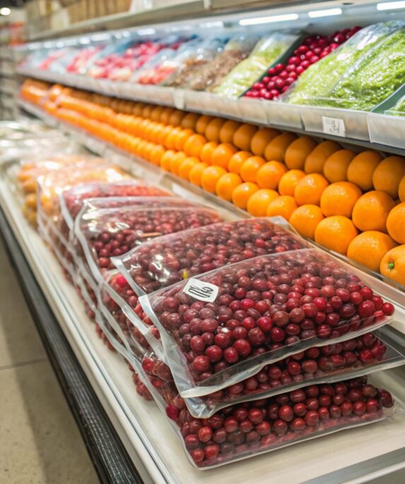 "Fresh cranberries in a rustic basket with scattered cranberries on a wooden surface, showcasing their seasonal vibrancy and versatility."