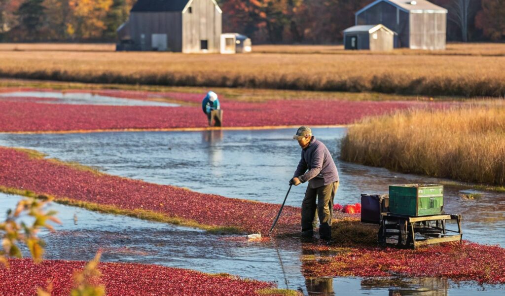 "Harvesting cranberries in a bog during peak season, with vibrant red berries floating on blue water, surrounded by trees and a clear sky."