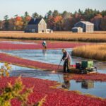 "Harvesting cranberries in a bog during peak season, with vibrant red berries floating on blue water, surrounded by trees and a clear sky."