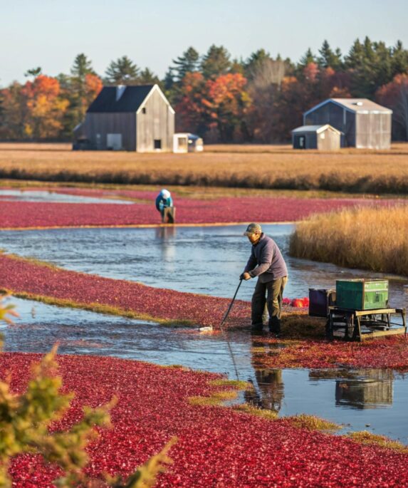 "Harvesting cranberries in a bog during peak season, with vibrant red berries floating on blue water, surrounded by trees and a clear sky."