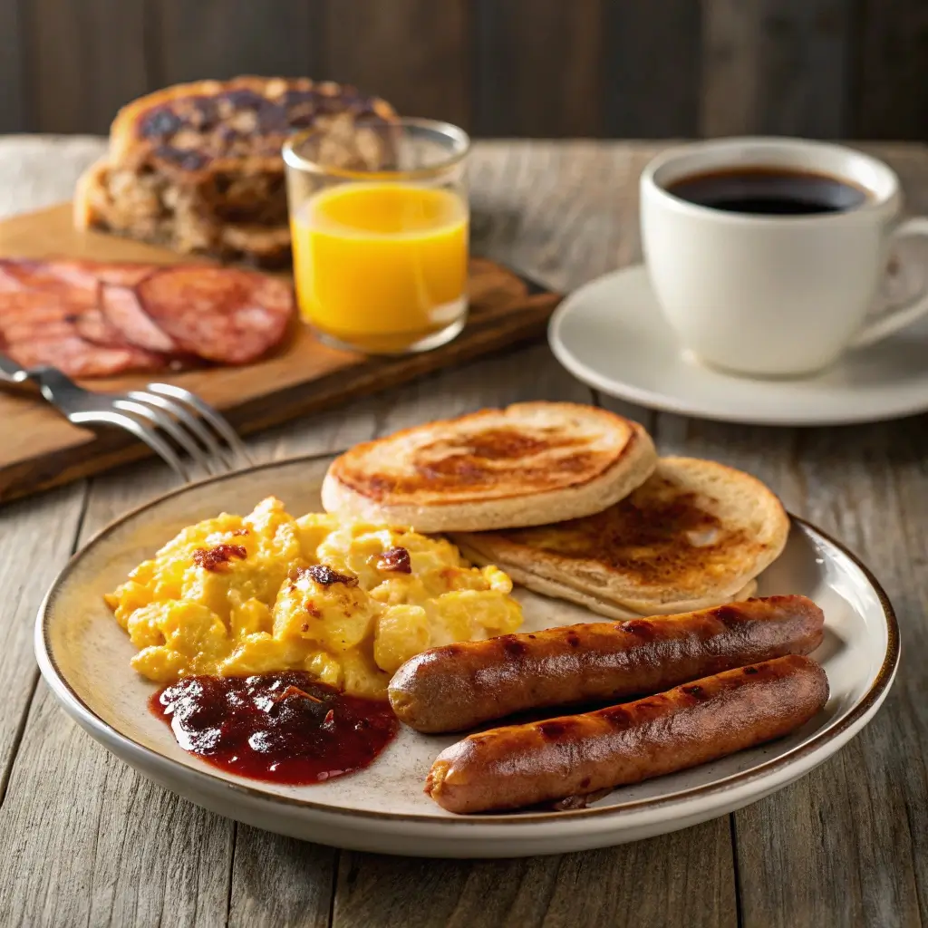 "A classic full American breakfast featuring scrambled eggs, crispy bacon, sausage links, and pancakes with maple syrup, served with toast, orange juice, and coffee."