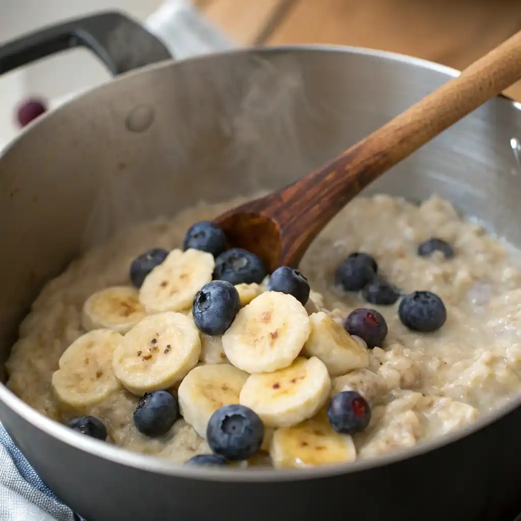 A Close Up Shot Of A Pot Of Creamy Porridge Being