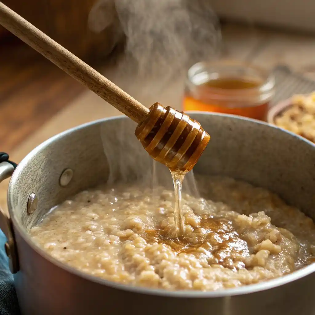 A Close Up Shot Of A Pot Of Warm Oatmeal Being Sti