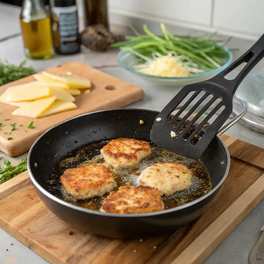 A Frying Pan On The Stove With Cheesy Chicken Frit