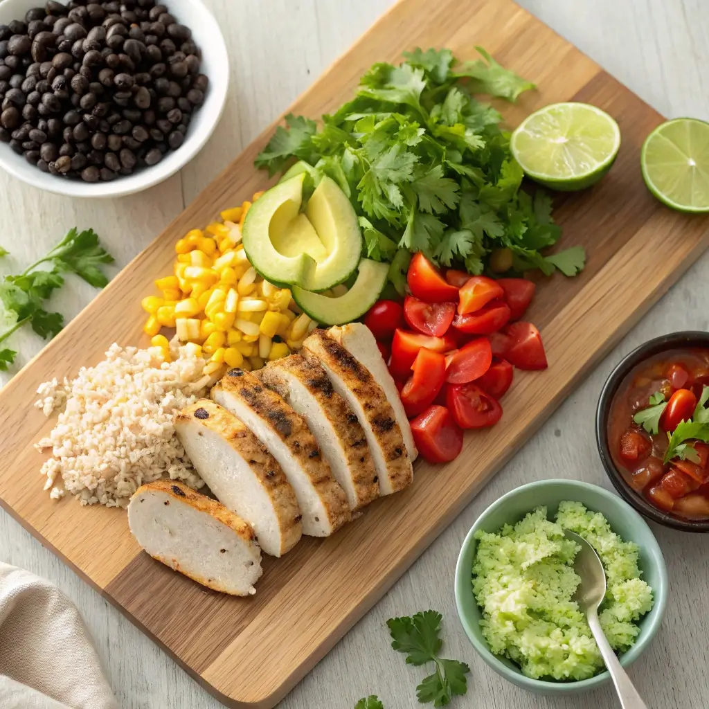 "A vibrant and nutritious healthy burrito bowl filled with fresh ingredients like grilled chicken, avocado, black beans, and colorful vegetables."