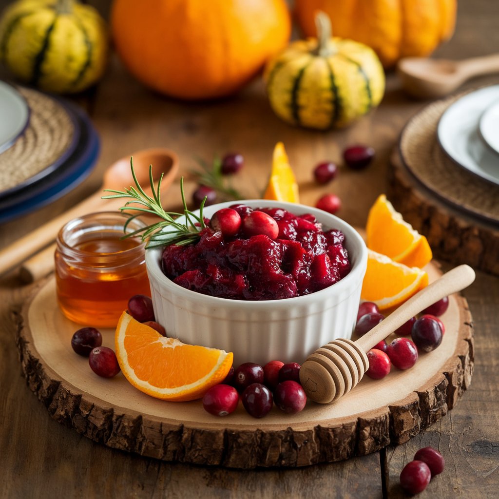 A bowl of fresh cranberry sauce surrounded by fresh cranberries, rosemary sprigs, and orange slices on a rustic wooden table with warm lighting.