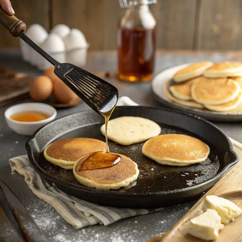 A Realistic Shot Of Pancakes Sizzling On A Cast Ir