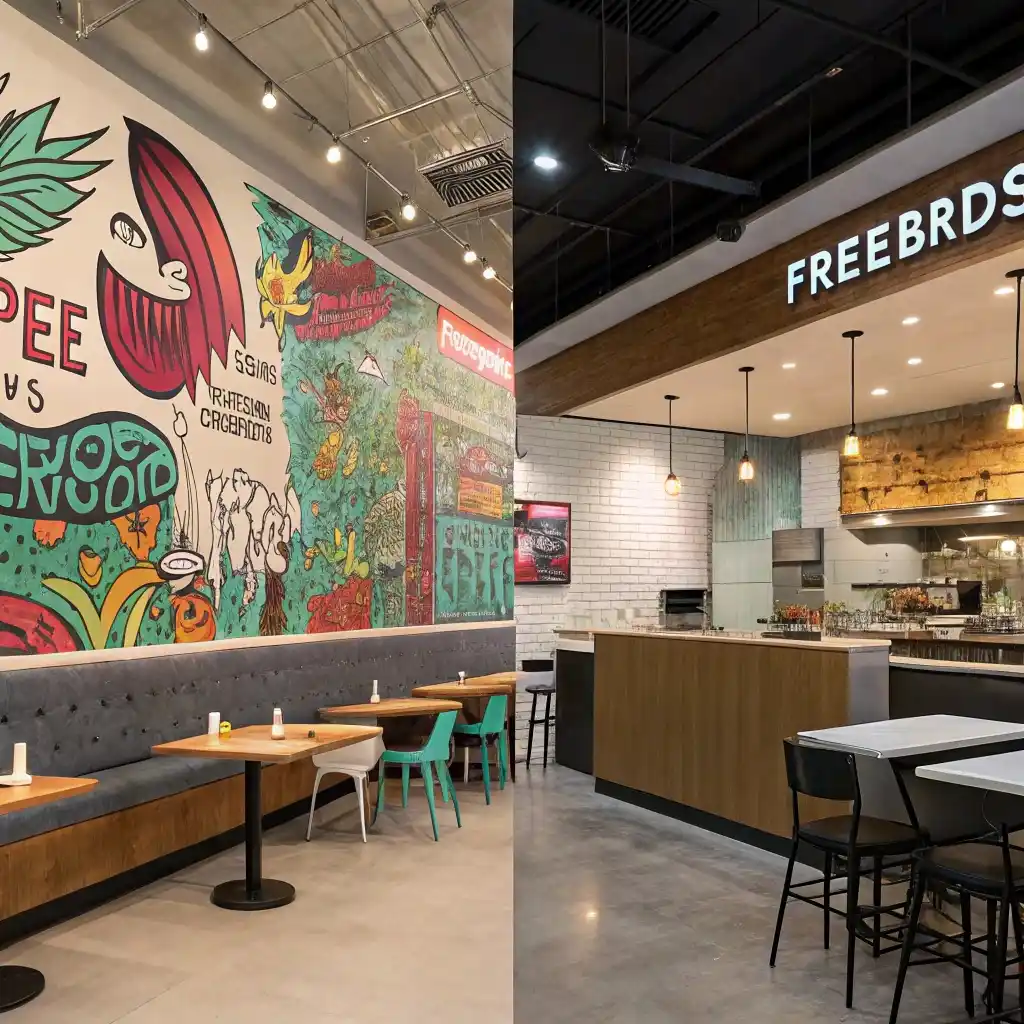 A Split Image Of Two Restaurant Interiors One Show