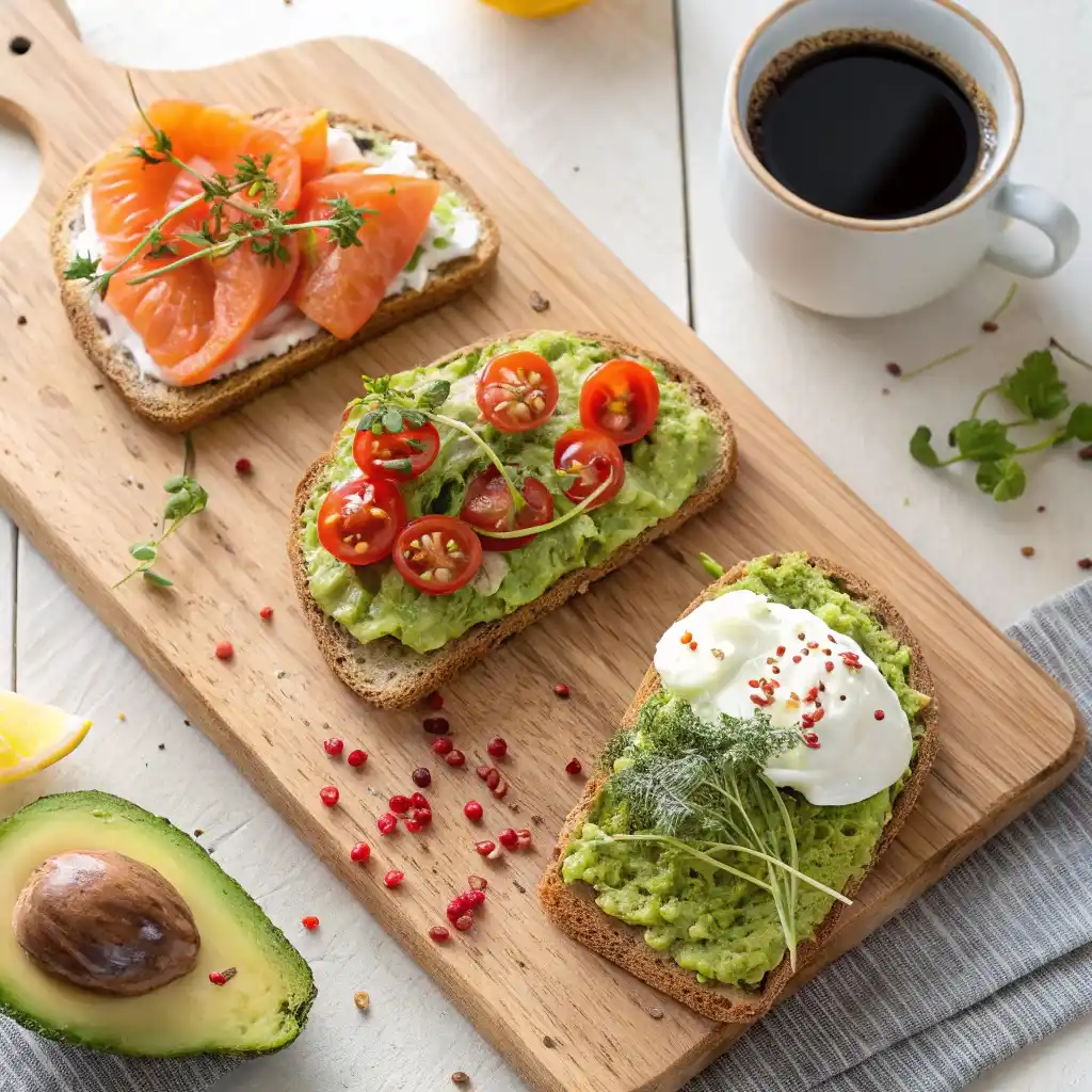 An Overhead View Of Three Different Avocado Toast