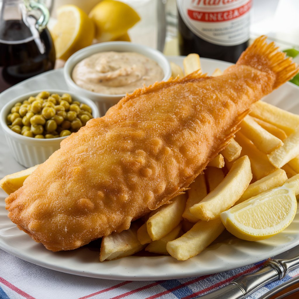 A plate of classic fish and chips served with mushy peas, tartare sauce, and malt vinegar, styled with a seaside-inspired backdrop.