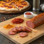 Sliced pepperoni on a wooden cutting board with spices and pizza slices in the background.