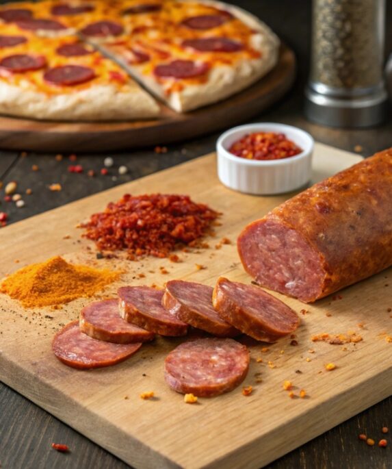 Sliced pepperoni on a wooden cutting board with spices and pizza slices in the background.