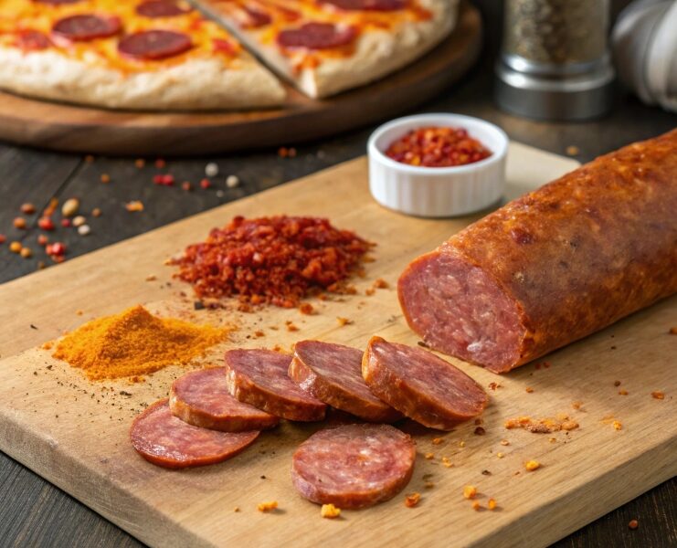 Sliced pepperoni on a wooden cutting board with spices and pizza slices in the background.