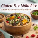 A bowl of gluten-free wild rice paired with colorful vegetables, nuts, and olive oil, highlighting its health benefits and versatility.