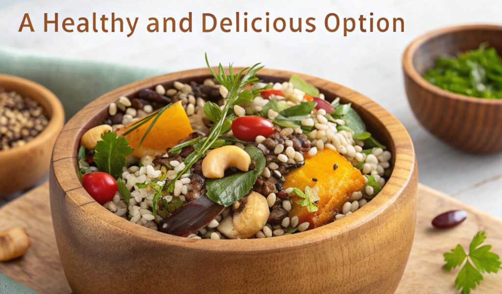 "A bowl of gluten-free wild rice served with fresh vegetables, nuts, and herbs, highlighting its nutritious and versatile nature."