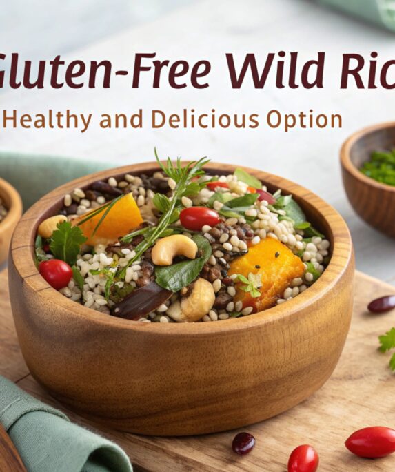 "A bowl of gluten-free wild rice served with fresh vegetables, nuts, and herbs, highlighting its nutritious and versatile nature."