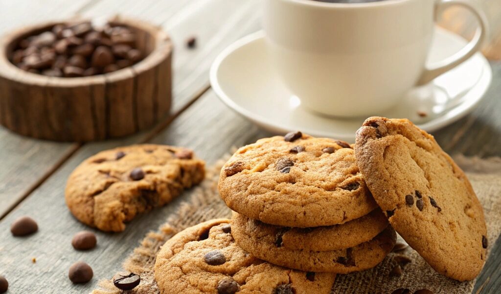 Freshly baked coffee cookies with chocolate chips and coffee beans on a rustic wooden table alongside a steaming cup of coffee.