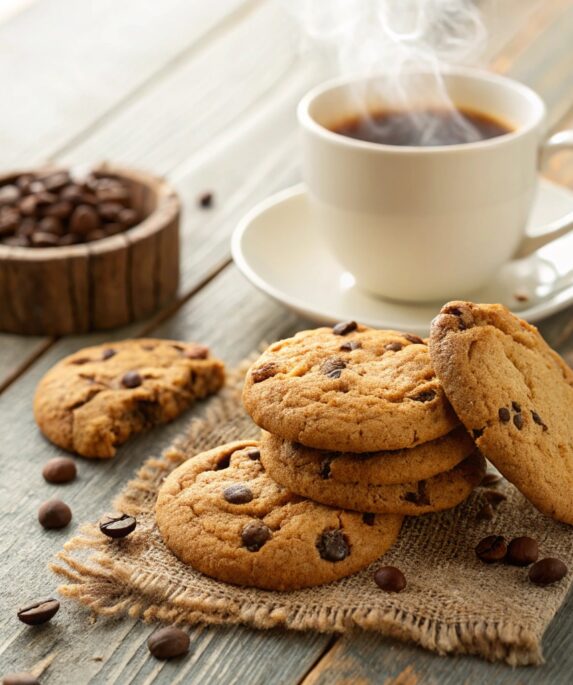 Freshly baked coffee cookies with chocolate chips and coffee beans on a rustic wooden table alongside a steaming cup of coffee.