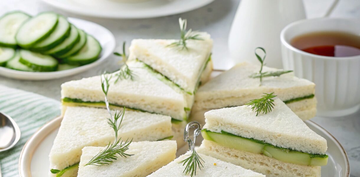 Cucumber sandwiches arranged on a tiered tray with tea set and scones, perfect for tea parties and light meals.