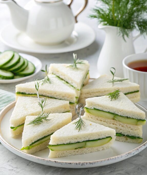 Cucumber sandwiches arranged on a tiered tray with tea set and scones, perfect for tea parties and light meals.