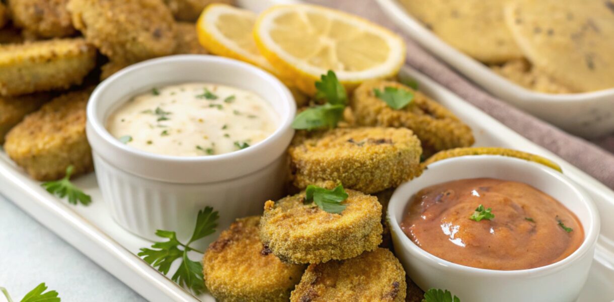 Golden, crispy fried pickles served on a white platter with ranch and spicy mayo dipping sauces, garnished with parsley and lemon wedges.