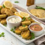 Golden, crispy fried pickles served on a white platter with ranch and spicy mayo dipping sauces, garnished with parsley and lemon wedges.