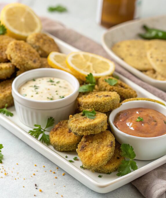 Golden, crispy fried pickles served on a white platter with ranch and spicy mayo dipping sauces, garnished with parsley and lemon wedges.