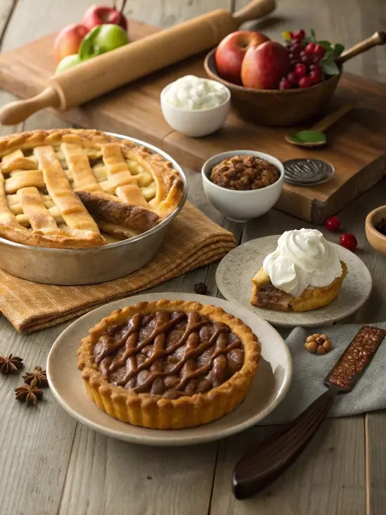 An assortment of pies, including chicken pot pie, apple pie, chocolate cream pie, and pecan pie, arranged on a rustic wooden table.