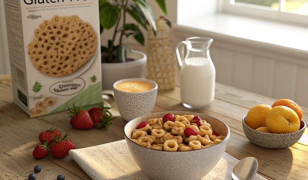 A bowl of Cheerios labeled “Gluten-Free” alongside fresh fruits and almond milk, compared with a certified gluten-free cereal box.