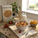 A bowl of Cheerios labeled “Gluten-Free” alongside fresh fruits and almond milk, compared with a certified gluten-free cereal box.