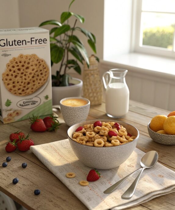 A bowl of Cheerios labeled “Gluten-Free” alongside fresh fruits and almond milk, compared with a certified gluten-free cereal box.