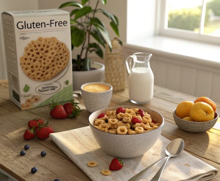 A bowl of Cheerios labeled “Gluten-Free” alongside fresh fruits and almond milk, compared with a certified gluten-free cereal box.