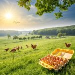 Pasture-raised eggs from hens roaming in a green pasture, showcasing their ethical and sustainable farming practices.