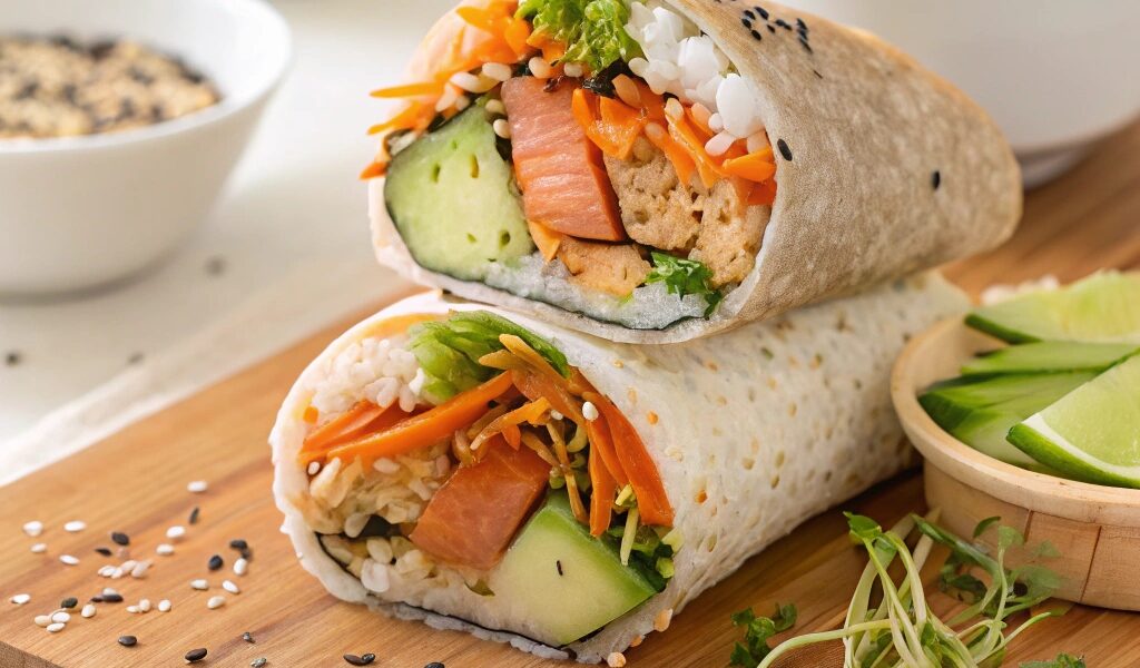 A sushi burrito cut in half showing layers of brown rice, vegetables, avocado, and grilled salmon, served with soy sauce and garnishes.