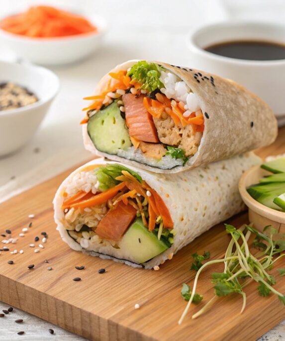 A sushi burrito cut in half showing layers of brown rice, vegetables, avocado, and grilled salmon, served with soy sauce and garnishes.