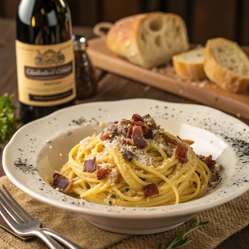 A plate of authentic carbonara pasta garnished with guanciale, Pecorino Romano, and black pepper, served in a rustic Italian setting.