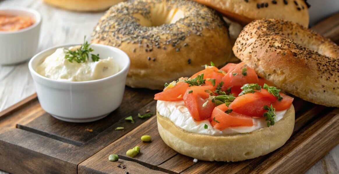 A variety of bagels with cream cheese, lox, and colorful toppings on a rustic wooden board.