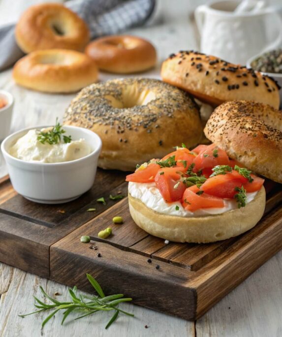 A variety of bagels with cream cheese, lox, and colorful toppings on a rustic wooden board.