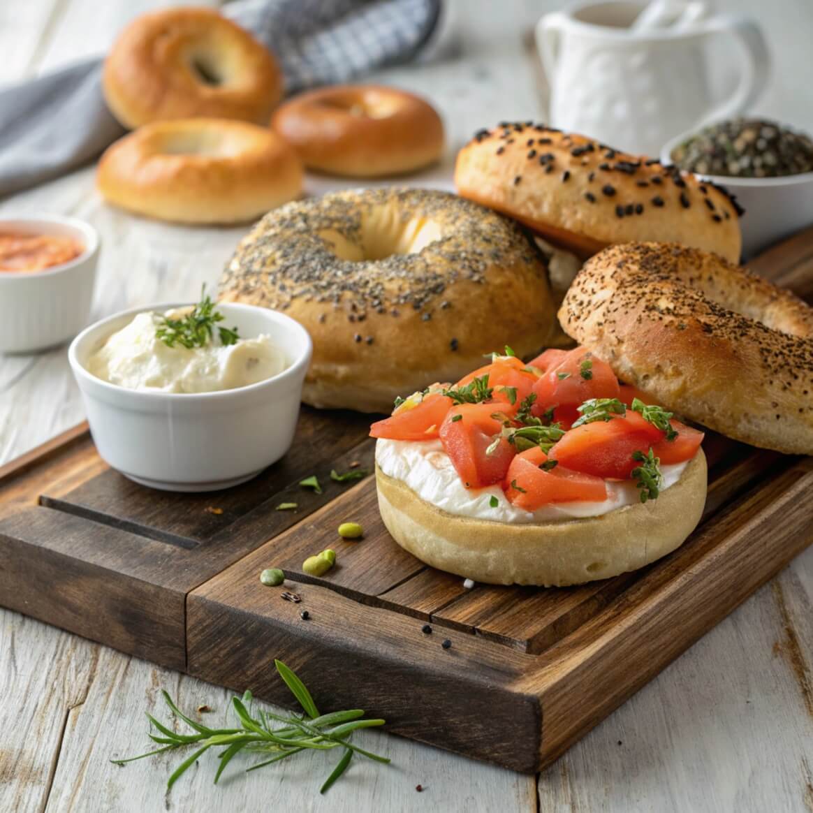 A variety of bagels with cream cheese, lox, and colorful toppings on a rustic wooden board.