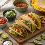 "Gluten-free tacos with corn tortillas, lettuce wraps, and colorful toppings like guacamole, tomatoes, and cheese on a vibrant table."