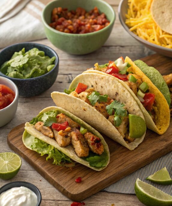 "Gluten-free tacos with corn tortillas, lettuce wraps, and colorful toppings like guacamole, tomatoes, and cheese on a vibrant table."