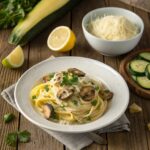 A plate of vegetarian carbonara topped with mushrooms and parsley, surrounded by ingredients like cheese and zucchini.