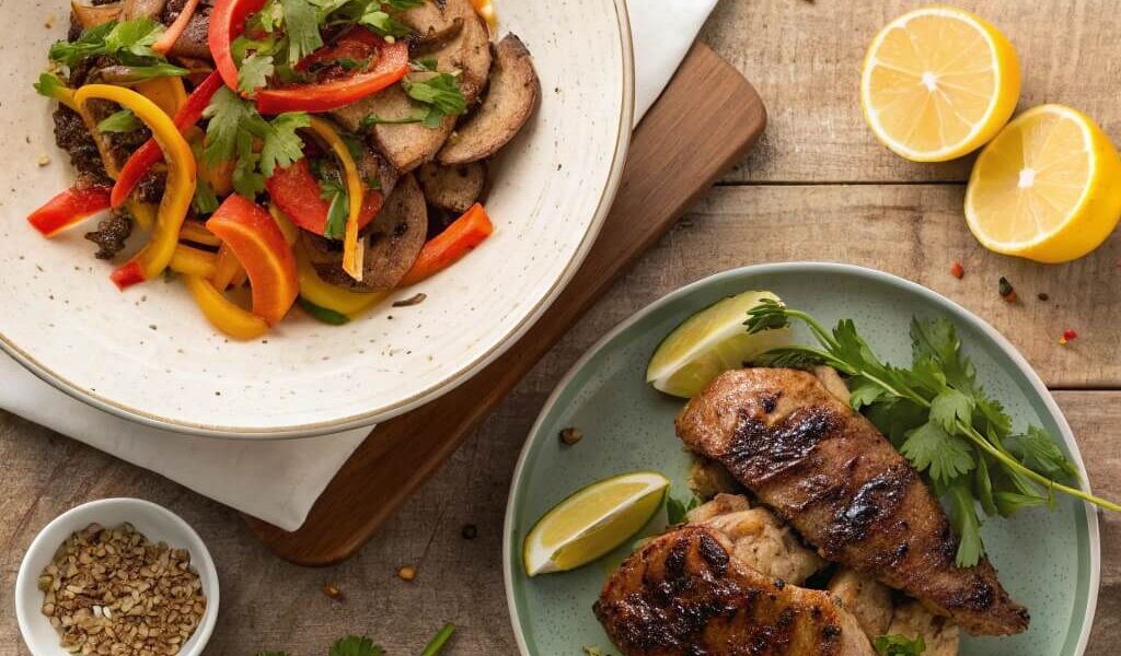 A beef stir-fry with vegetables and grilled chicken garnished with herbs, served on a rustic wooden table with spices and lemon wedges.