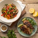 A beef stir-fry with vegetables and grilled chicken garnished with herbs, served on a rustic wooden table with spices and lemon wedges.