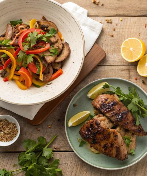 A beef stir-fry with vegetables and grilled chicken garnished with herbs, served on a rustic wooden table with spices and lemon wedges.