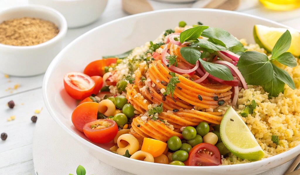 A vibrant plate of gluten-free pasta made from quinoa flour, topped with sautéed vegetables and herbs, perfect for gluten-free diets.